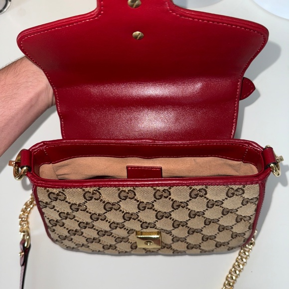 Authentic Gucci GG Marmont Mini Top Handle Bag - GG Supreme Canvas Red Leather G - Picture 7 of 8